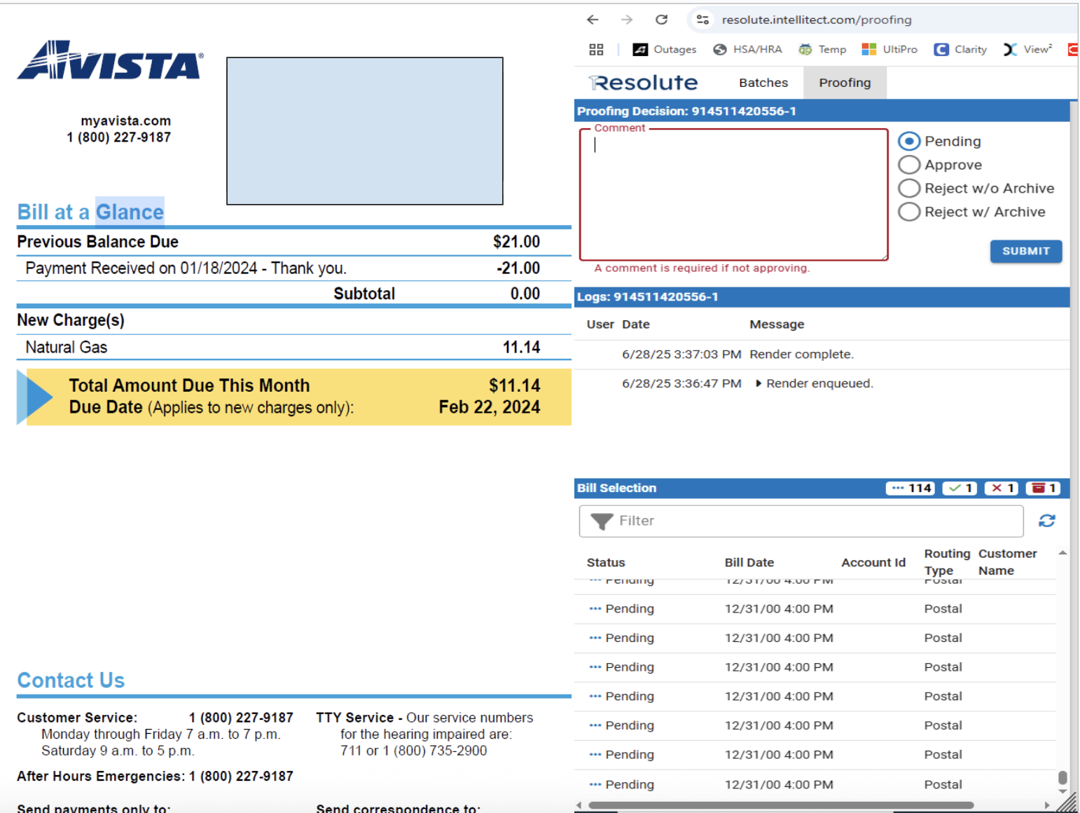 Avista Bill Rendering Screenshot
